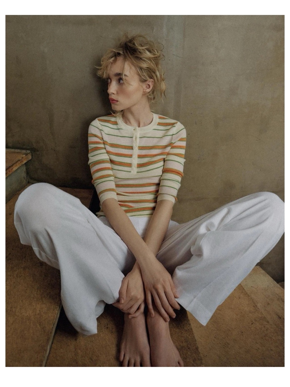 Zara Striped Henley Knit Top in Cream and Orange